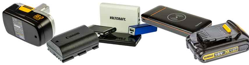 Selection of different lithium ion rechargeable batteries and cells