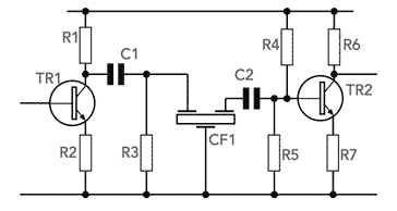 Ceramic bandpass filter circuit using transistors and showing DC arrangements
