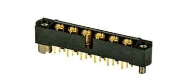 This multiway PCB connector is typical of a high performance connector and has gold flashing on the mating surfaces to reduce tarnishing and contact resistance.